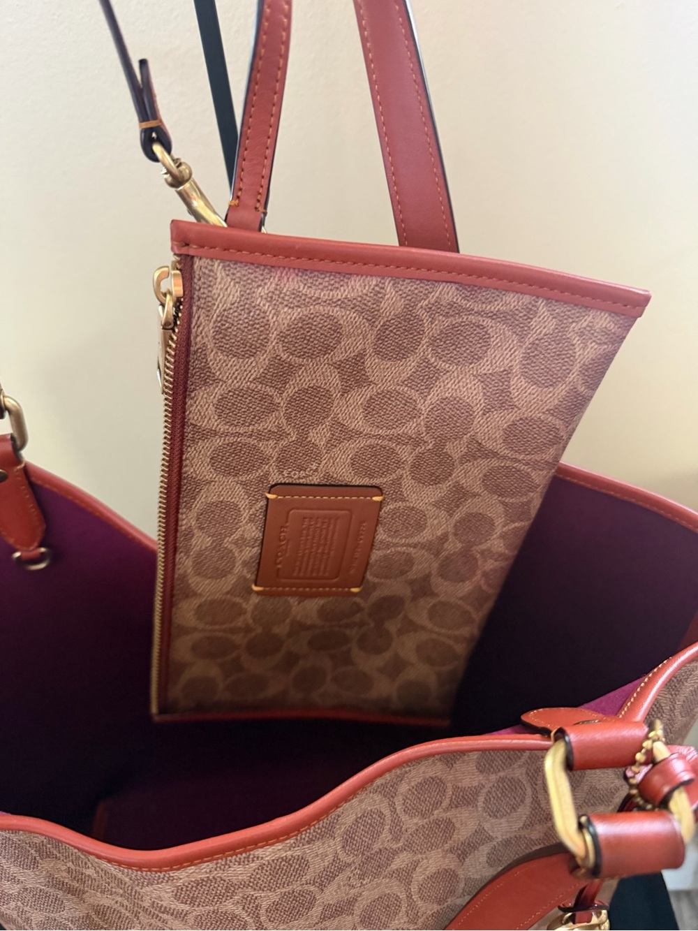 Coach Signature Canvas Floral Appliqué Tote in Brown/Rust - Picture 5 of 8